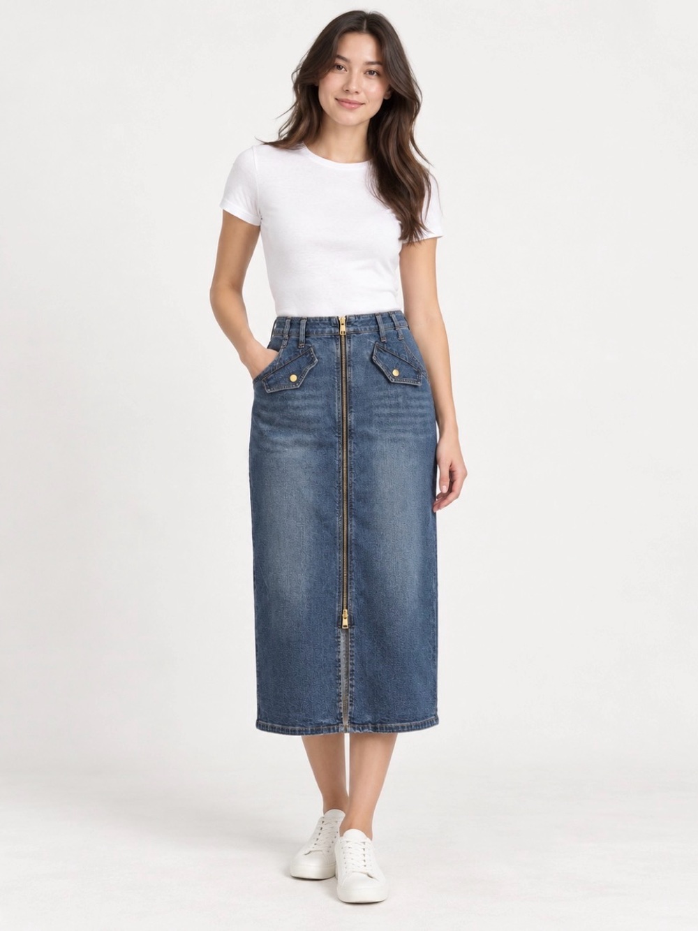High-Rise Zip-Front Denim Midi Skirt - Blue